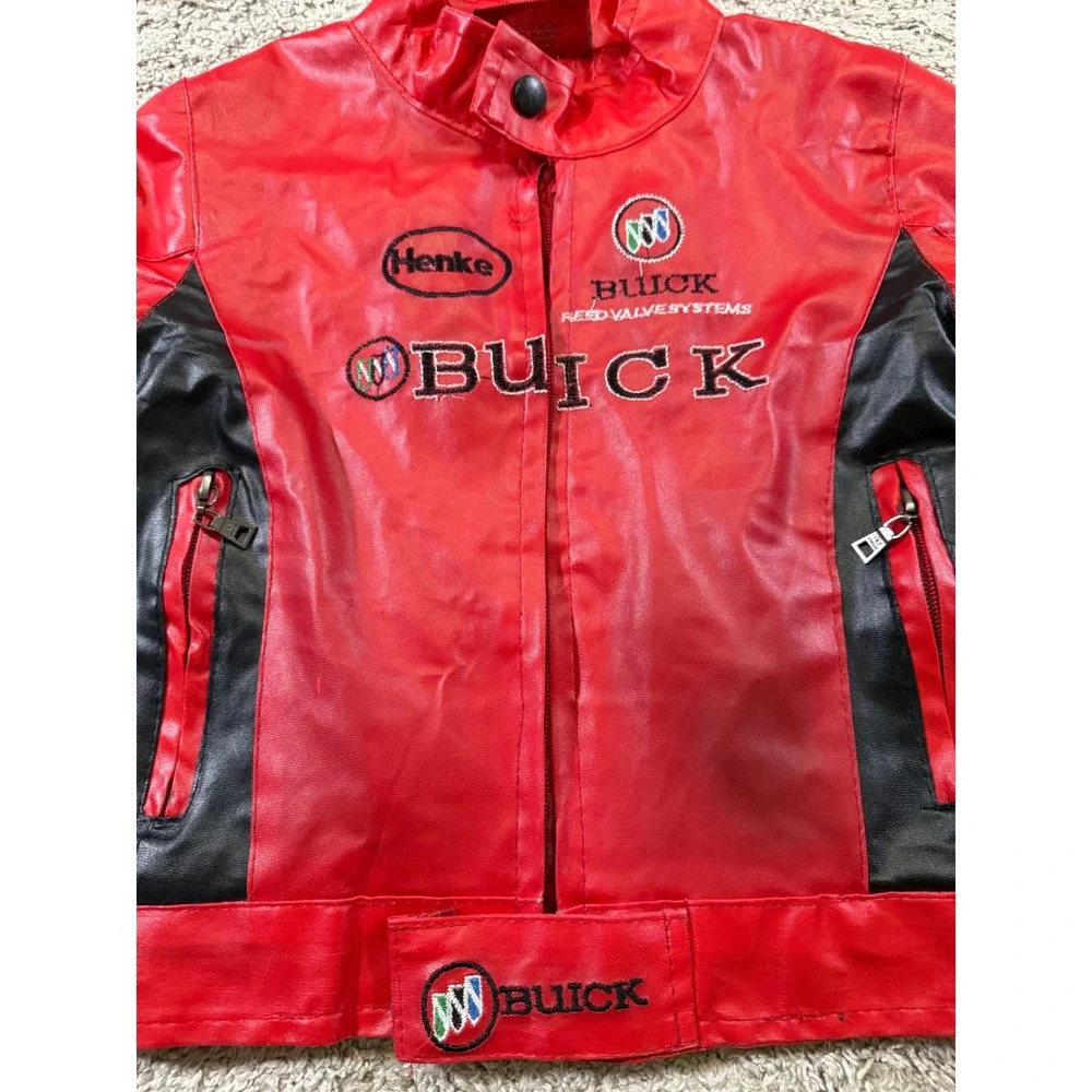 Buick Racing Jacket‎ Kids Red Black Moto Biker Faux Leather Patch Vintage S/M